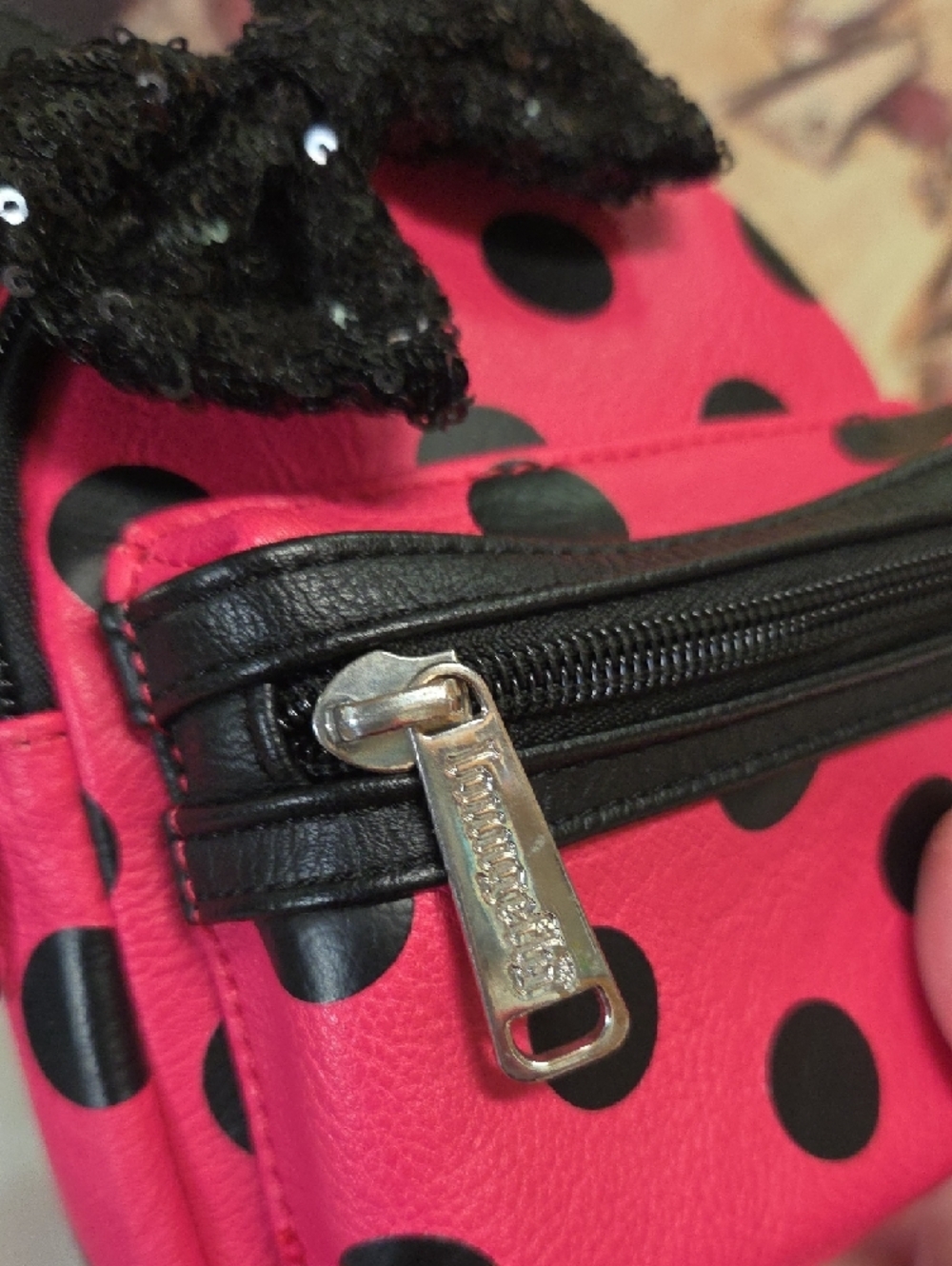 Loungefly Pink and Black Polka Dot Micro  Backpack with Sequin Bow Ears - Picture 6 of 8